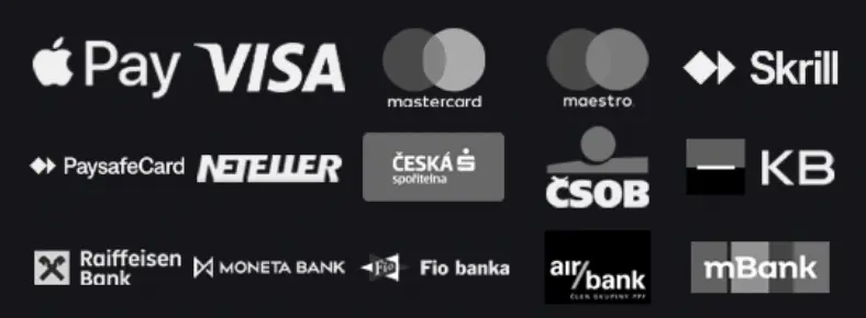 Platební metody online casina – Apple Pay, VISA, Mastercard, Maestro, Skrill, Paysafecard, Neteller, Česká spořitelna, ČSOB, Komerční banka, Raiffeisen Bank, Moneta Bank, Fio banka, Air Bank, mBank.
